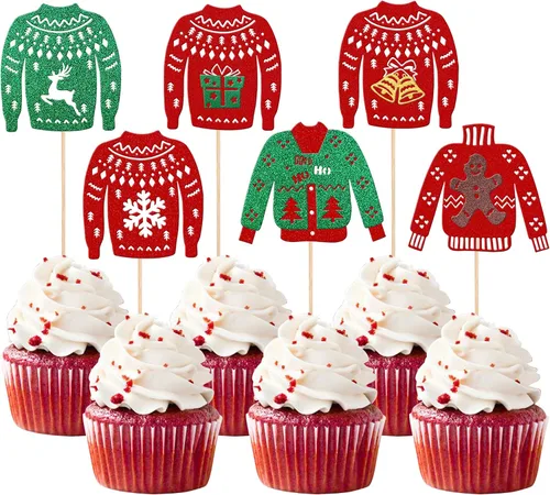 Vista 19 de Rsstarxi Paquete de 24 Adornos para Cupcakes Oh Baby de Navidad con Purpurina, Sombreros de Navidad, Palillos para Cupcakes de Baby Shower para Baby
