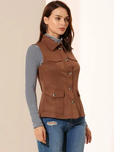 Vista 4 de Allegra K Chaleco de Gamuza Sintética Utilitario para Mujer con Botones sin Mangas con Bolsillo Cargo