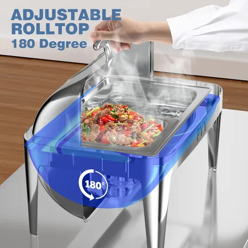 Vista 4 de Juego de buffet de platos de roce PYY con tapa enrollable, juego de 9 cuartos de galón de servidor de roce de acero inoxidable para catering, chafer
