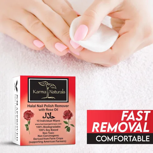 Vista 6 de Karma Halal - Toallitas removedoras de esmalte de uñas con aceite de rosa; no tóxicas, veganas, libres de crueldad, paquete de 10
