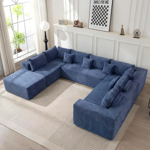 Vista 7 de Sofá modular modular con otomana, sofá modular de 5 plazas, sofá tipo nube con tela de pana, no requiere montaje para sala de estar grande