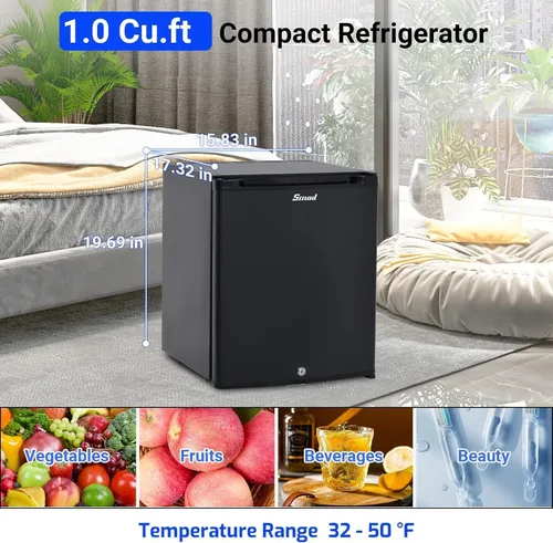 Vista 3 de Refrigerador Mini con cerradura Smad, refrigerador de 12V para vehículos recreativos de 1.0 pies cúbicos. Refrigerador compacto de 12V / 110V, sin