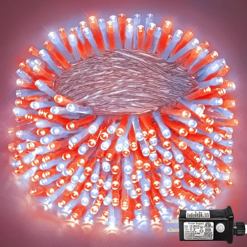 Vista 55 de 120 luces LED rojas y blancas de Navidad para exteriores, cadena de luces de Navidad de 40 pies, 8 modos, luces de hadas rojas y blancas