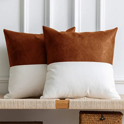 Vista 10 de Juego de 2 fundas de almohada decorativas de cuero sintético con 100% algodón para sofá, cama, decoración moderna del hogar, cuadradas