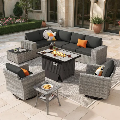 Vista 22 de Juego de muebles de patio de 6 piezas, sofá modular de mimbre para exteriores con mesa auxiliar, cómodos cojines, moderno sofá modular de ratán