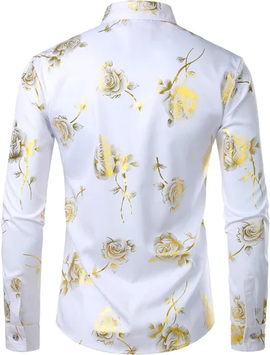 Vista 2 de ZEROYAA Camisas de vestir de manga larga con botones y estampado floral de rosas doradas 3D para hombre