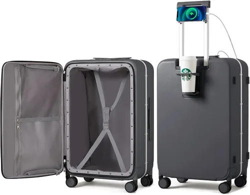 Vista 11 de mixi Equipaje PC Hardside Rolling maleta con rueda giratoria, cerradura TSA, soporte para teléfono y vaso, Verde aguacate