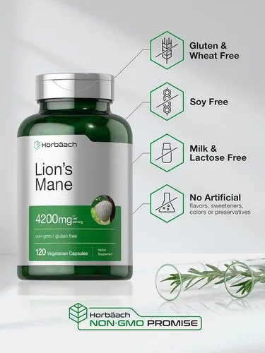 Vista 10 de Horbäach extracto de hongo melena de león 4200mg 120 cápsulas suplemento vegetariano, no transgénico, sin gluten
