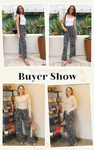 Vista 2 de ECOWISH - Pantalón para mujer, de algodón suave, estilo palazzo de pernera ancha con bolsillos, cintura alta, informal, holgado y con cinturón