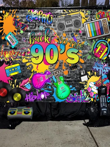 Vista 4 de Telón de fondo de los años 90 de 7 x 5 pies para decoraciones de fiesta, pared de ladrillo de graffiti de hip hop, fondo de fotografía de regreso a
