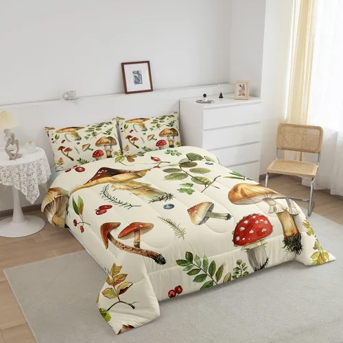 Vista 3 de Feelyou Lindo juego de ropa de cama de hongos kawaii tamaño individual para niños y niñas, decoración de hongos salvajes, juego de edredón