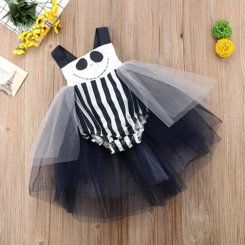 Vista 6 de Mameluco de sonrisa de Halloween para bebé recién nacida, traje de halter con lazo, vestido tutú