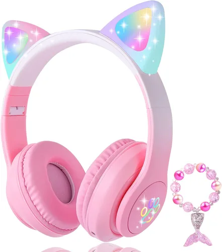 Vista 5 de Cat Ear - Auriculares para niños, Bluetooth, con luz LED, modo inalámbrico/con cable sobre la oreja con micrófono integrado para la escuela/viajes