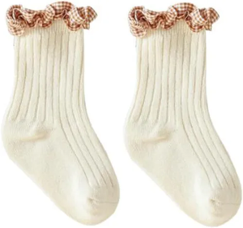 Vista 5 de TIBE PINCESS Calcetines de tobillo vintage con volantes para bebés y niñas, calcetines de encaje acanalados a cuadros para vestir