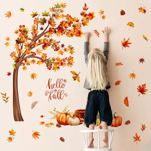 Vista 5 de Calcomanías de pared de árbol de otoño de 33.46 x 29.92 pulgadas, calcomanías de pared de árbol de acuarela con hojas de arce, decoración de pared