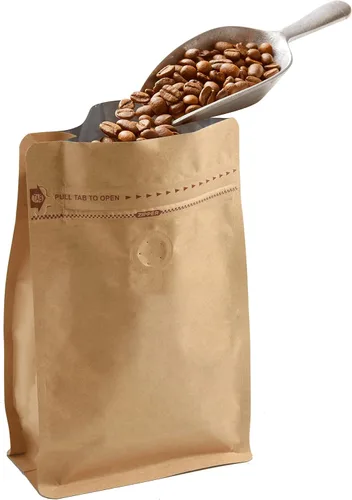 Vista 4 de Bolsas de café de papel kraft – Kraft de alta barrera y forro de aluminio – Bolsas de café de fondo plano con válvula de desgasificación, bolsas