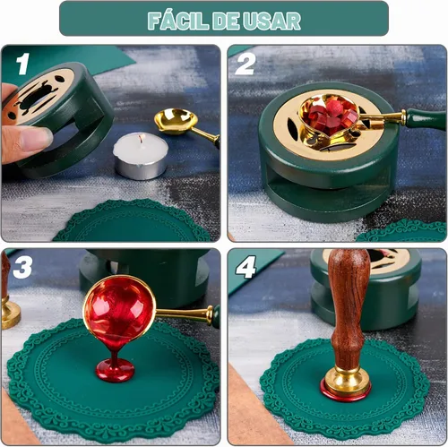 Vista 3 de Kit de sellado de cera para horno con cuchara y almohadilla de silicona para fundir cuentas o palos, verde
