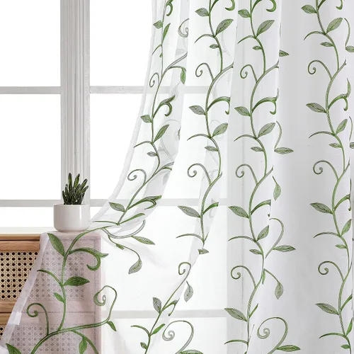 Vista 58 de VISIONTEX 2 paneles de cortinas traslúcidas de 63 in de largo, cortinas de gasa semitransparentes bordadas con hojas florales beige, bolsillo
