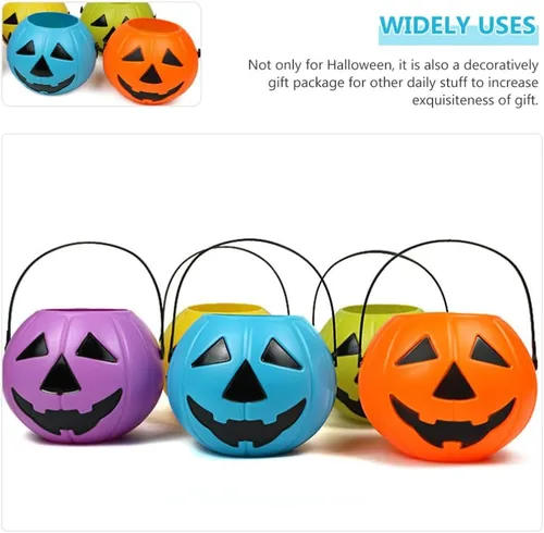 Vista 5 de Cubo de calabaza de Halloween con asa, soporte pequeño de plástico para dulces de calabaza para decoración y embalaje de fiesta de truco o trato