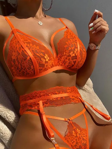 Vista 2 de SOLY HUX Conjunto de lencería para mujer, 5 piezas, liguero de encaje floral, brasier y braga