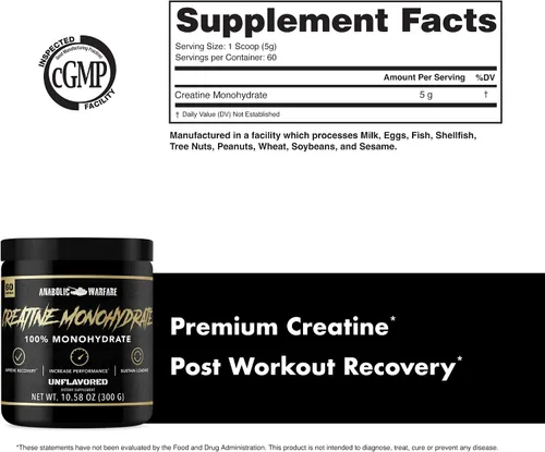 Vista 5 de Anabolic Warfare Monohidrato de creatina, recuperación después del entrenamiento, aumenta el rendimiento, mantiene la carga, creatina premium*