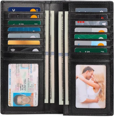 Vista 2 de FALAN MULE Cartera de cuero genuino con bloqueo RFID delgada con tarjetero largo plegable para tarjetas de crédito para hombres, Negro -, Moda