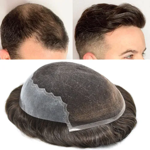 Vista 61 de Toupee para hombres pieza de pelo suave suizo encaje real sistema de cabello humano reemplazo blanqueado nudo mens tupé sistema de pelo para hombres
