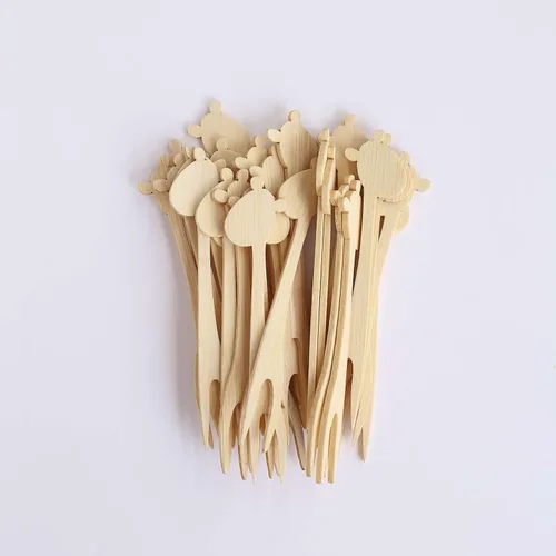 Vista 9 de Efavormart - Paquete de 100 mini tenedores de bambú biodegradables naturales de jirafa, de doble punta, ecológicos, suministros desechables