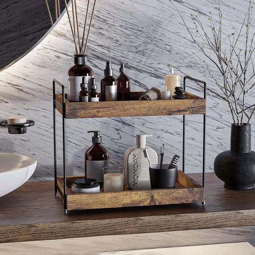 Vista 2 de Organizador de encimera de baño de 2 niveles, estante de especias de madera para encimera de cocina, organizador de maquillaje cosmético de tocador