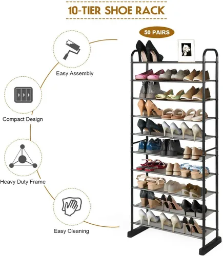 Vista 4 de Organizador de zapatos de 10 niveles, almacenamiento duradero para zapatos, estante grande para 30 pares, torre de zapatos con marco de metal