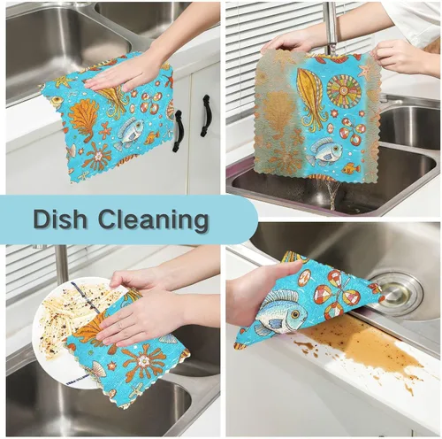 Vista 2 de Retro Sea Fish Cuttlefish Blue Absorbent bar Towels Tea Towel Set Terry Dish Cloths for Kitchen Print Camping Soft Martillo para cocina 11x11in 6