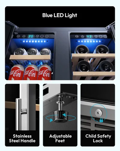Vista 9 de EUHOMY Refrigerador de vino y bebidas, enfriador de vino de doble zona de 24 pulgadas con puerta de vidrio que contiene 21 botellas y 88 latas