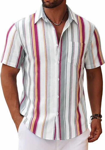 Vista 10 de COOFANDY Camisa de manga corta con botones para hombre, casual, de algodón, para verano, playa, lino, para boda, con bolsillo