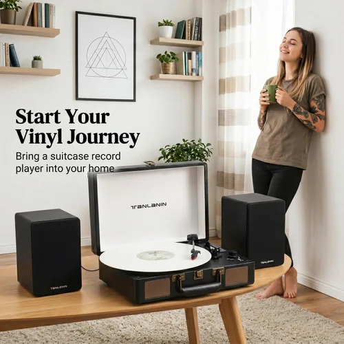 Vista 12 de Reproductor de discos de vinilo con altavoces integrados, tocadiscos de entrada Bluetooth de 3 velocidades, grabación y reproducción USB/TF