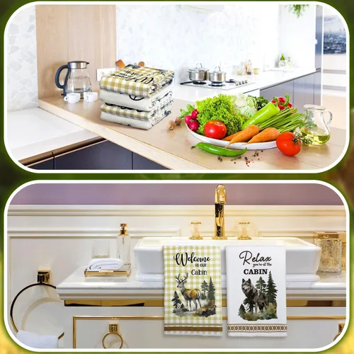 Vista 4 de Buryeah Juego de 4 toallas de cocina de cabaña de 23.6 x 16 pulgadas, diseño de oso de vida silvestre, ciervo, oso, decoración rústica, suave