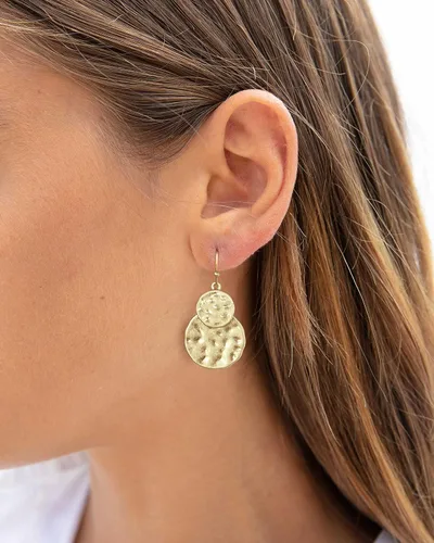 Vista 3 de Pendientes colgantes de disco martillado en oro antiguo estilo boho con joyería de dos tonos para regalo