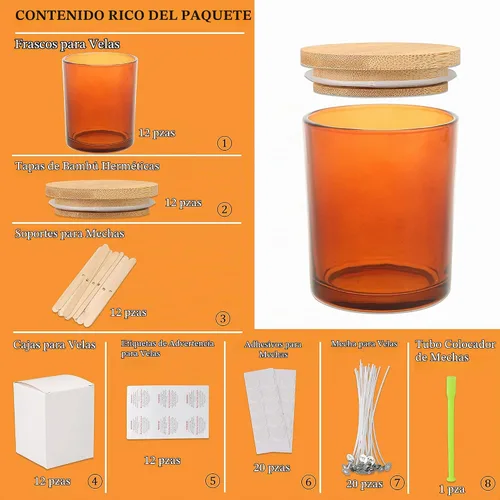Vista 2 de MILIVIXAY Paquete de 12 tarros de vela de vidrio ámbar de 7 onzas con tapas y kits de fabricación de velas, tarros de velas vacíos a granel