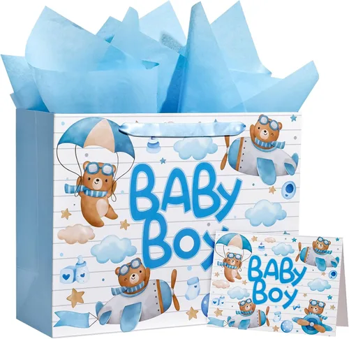 Vista 19 de WRAPAHOLIC Bolsa de regalo grande de 13 pulgadas con tarjeta y papel de seda, adorable bolsa de regalo de elefante para bebé, baby shower, fiesta