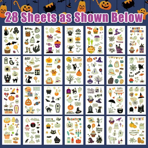 Vista 2 de Partywind Tatuajes de Halloween brillantes de 295 estilos para decoración de fiesta de niños, suministros de fiesta de Halloween, regalos
