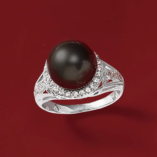 Vista 7 de Ross-Simons 11-12mm Black Cultured Tahitian Pearl Ring With .20 ct. t.w. White Topaz in Sterling Silver