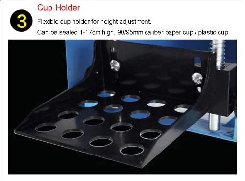Vista 6 de Máquina de sellado manual de tazas, 300-500 tazas/hora 90/3.740 in sellador de tazas para leche, Boba té, café, batidos, sellador, enchufe de EE. UU