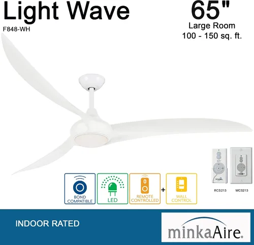 Vista 4 de Minka-Aire Ventilador de techo F848-WH Light Wave de 65 pulgadas, acabado blanco con control remoto y control de pared adicional