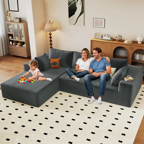 Vista 19 de Sofá modular de 96 pulgadas en forma de L, sofá modular de 3 asientos, sofá modular de pana de espuma viscoelástica sin hueso para sala de estar