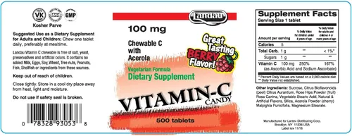 Vista 2 de LANDAU Vitamina C masticable 100 mg, gran sabor, 500 tabletas masticables