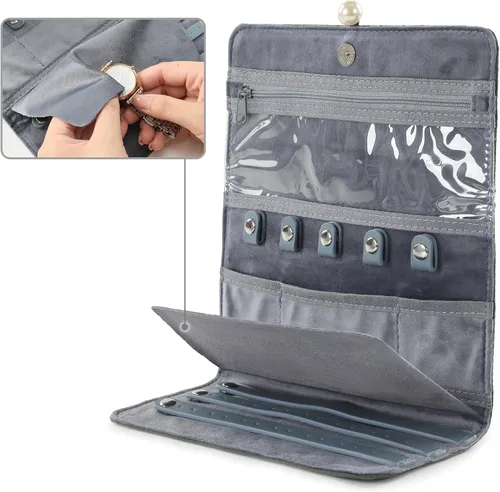 Vista 4 de HOMEHIVE Rollo organizador de joyas de viaje plegable, exquisito organizador de joyas portátil para collares de viaje, anillos, aretes, relojes