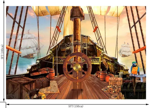 Vista 2 de Telón de fondo de barco pirata para fotografía, mapa del tesoro náutico, cubierta de madera vieja para niños y niños, suministros de feliz