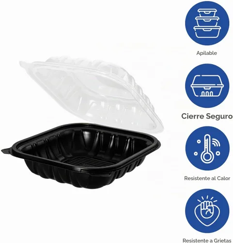 Vista 2 de Karat Contenedor con Bisagras de PP Premium [300 ct], Contenedores de Comida para Llevar - Caja (6"x6", 1 compartimento)