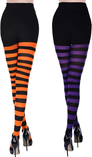 Vista 2 de 2 piezas de medias de rayas de color sólido leggings de mujer con pies para Halloween