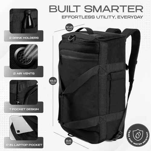 Vista 4 de Mochila de lona 3 en 1 con bolsillo para zapatos y portátil, portavasos, gimnasio ventilado y bolsa de viaje, Negro, Sobre el hombro/mochila/bolsa