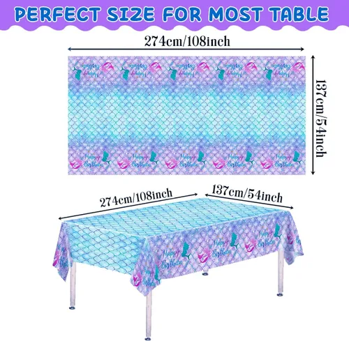 Vista 2 de DaiUni 1 mantel de cumpleaños de sirena para decoración de fiesta de cumpleaños, funda rectangular desechable de plástico para suministros de fiesta